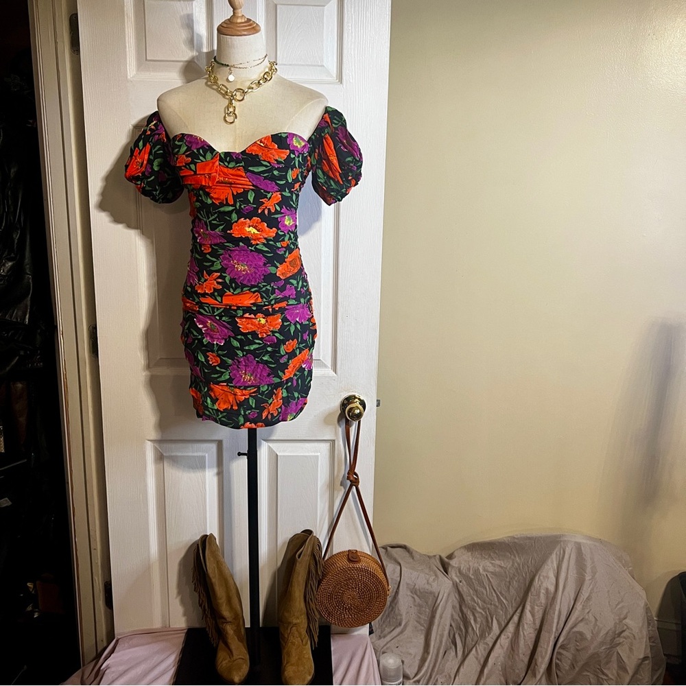 New Zara Floral Ruched Off Shoulder Vacay Resort Tropical Festival Mini dress S